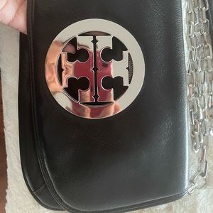Tory Burch Reva Black Flap Leather Shoulder Bag Silver Chain Crossbody